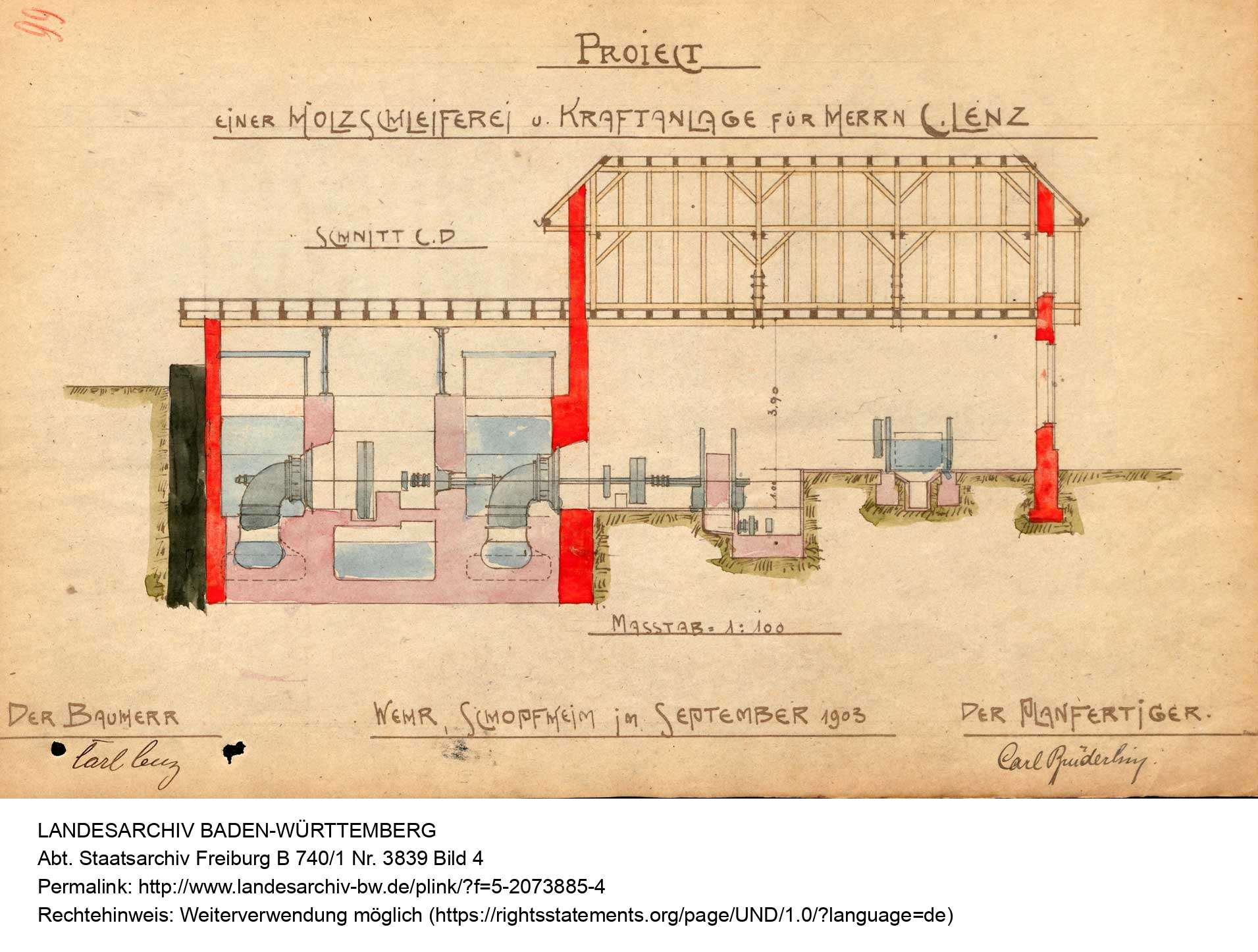 Planzeichnung für das Wasserkraftwerk der Papierfabrik Lenz in der Roßmatt, Quelle: Generallandesarchiv Freiburg