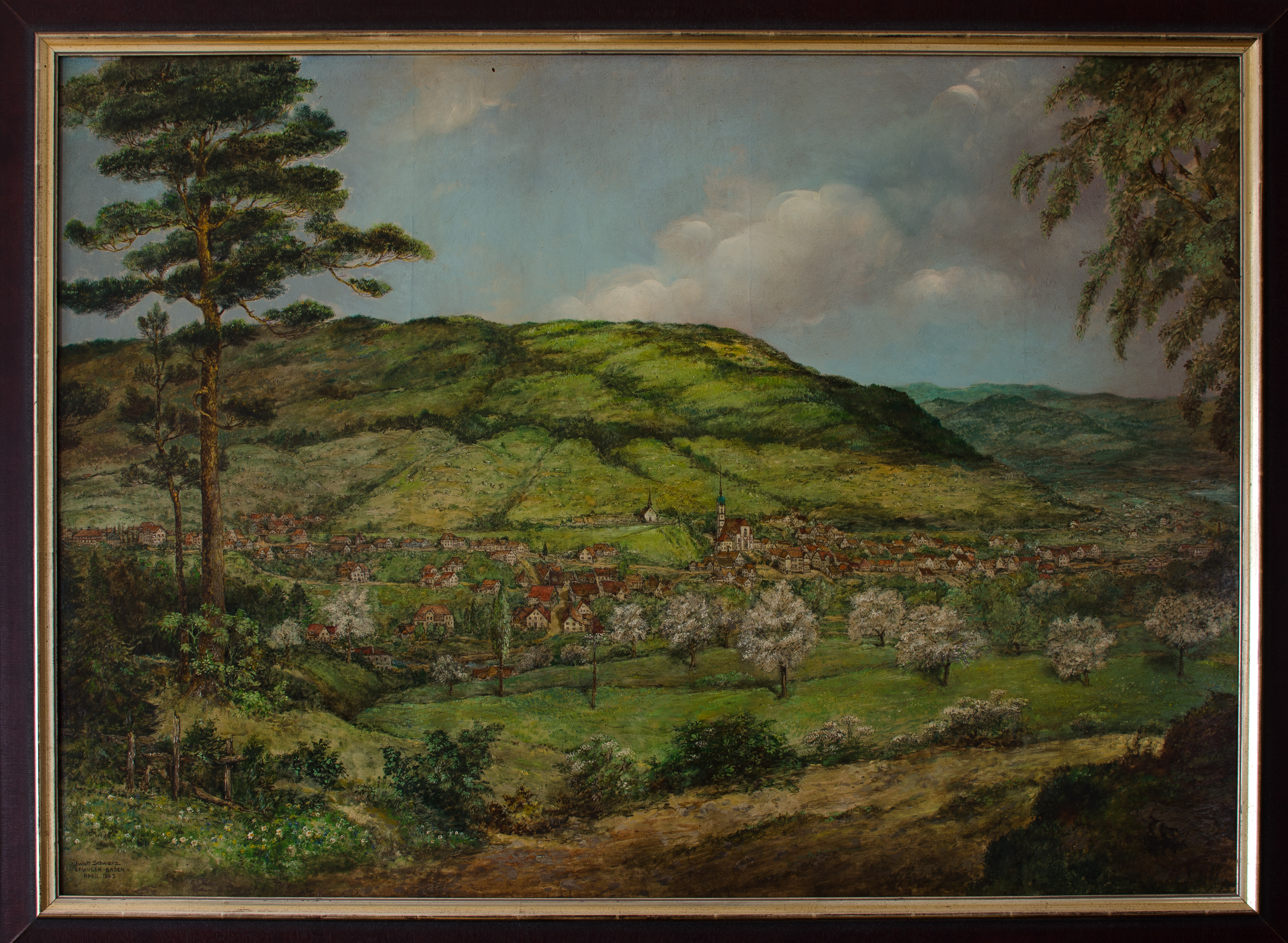 Ansicht von &Ouml;flingen vom Dinkelberg her - Ewalt Schwarz 1945 (Ma&szlig;e: 110 x 79 cm